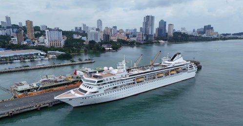 An aerial view shows the Villa Vie Residences' cruise ship Odyssey docked at Sihanoukville port in Preah Sihanouk province, Cambodia, Oct. 29, 2026. (AFP Photo)