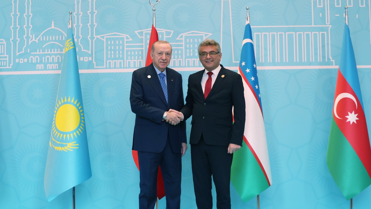 Turkish President Recep Tayyip Erdoğan welcomes Turkish Republic of Northern Cyprus (TRNC) President Tufan Erhürman during the 13th Organization of Turkic States (OTS) Summit in Ankara, Türkiye, Oct. 30, 2026. (AA Photo)
