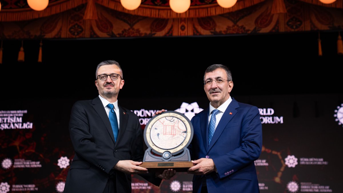 Vice President Cevdet Yılmaz (R) and Communications Director Burhanettin Duran (L) attend the Turkic World Dialogue Forum, Ankara, Türkiye, Oct. 30, 2026. (AA Photo)