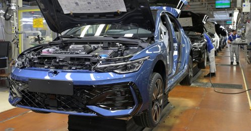 Volkswagen Golf is seen on a production line for the Golf VIII and Tiguan cars at the VW headquarters, Wolfsburg, Germany, May 23, 2024. (Reuters Photo)