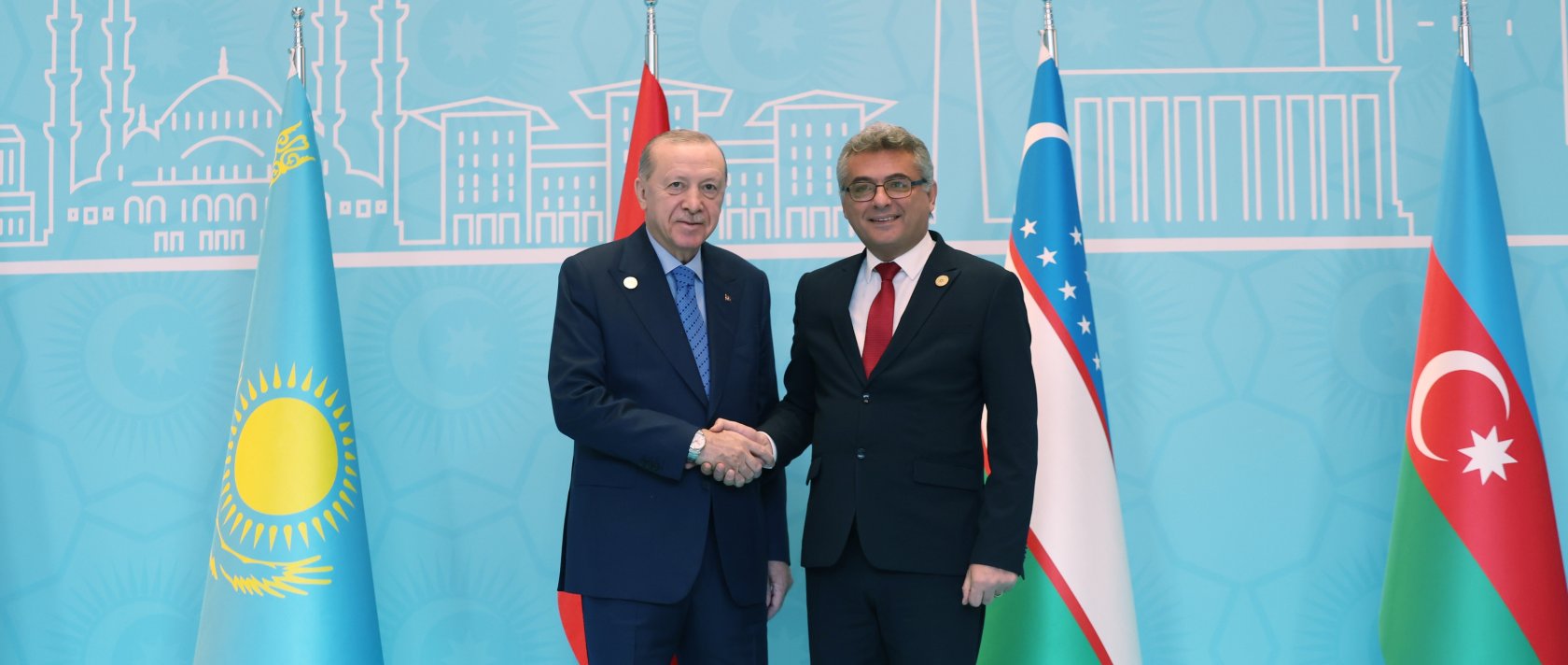 Turkish President Recep Tayyip Erdoğan welcomes Turkish Republic of Northern Cyprus (TRNC) President Tufan Erhürman during the 13th Organization of Turkic States (OTS) Summit in Ankara, Türkiye, Oct. 30, 2026. (AA Photo)