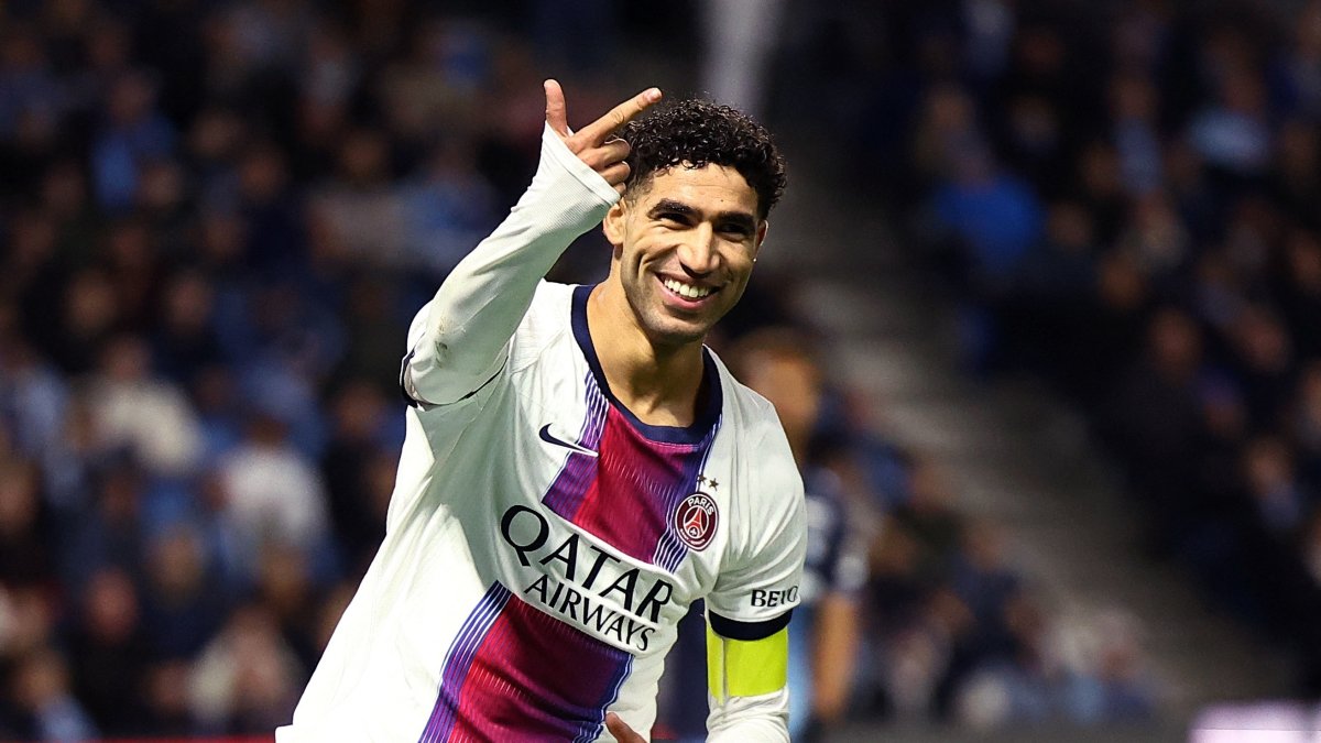 Paris Saint-Germain's Achraf Hakimi celebrates scoring his hat trick during the Ligue 1 match against Le Havre, Stade Oceane, Le Havre, France, Oct. 30, 2026. (Reuters Photo)